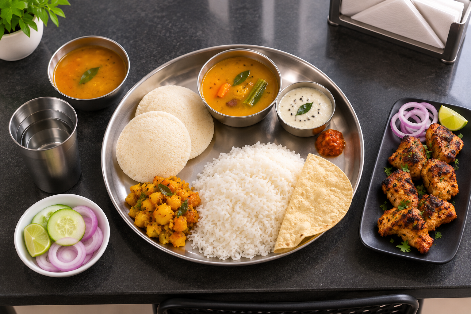 Healthy vegetarian thali meal served on plate